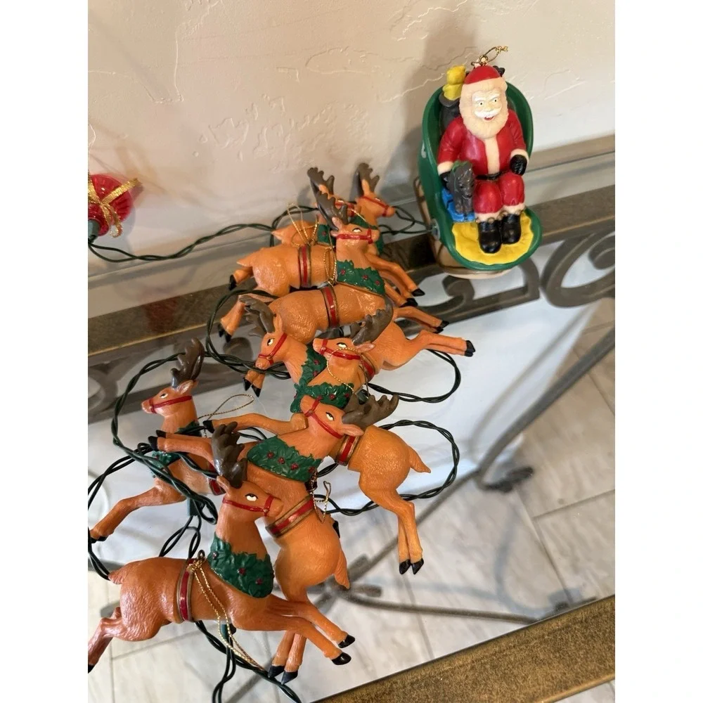 Vintage Kurt Adler Lighted SANTA Sleigh 8 Reindeer Novelty Christmas Lights